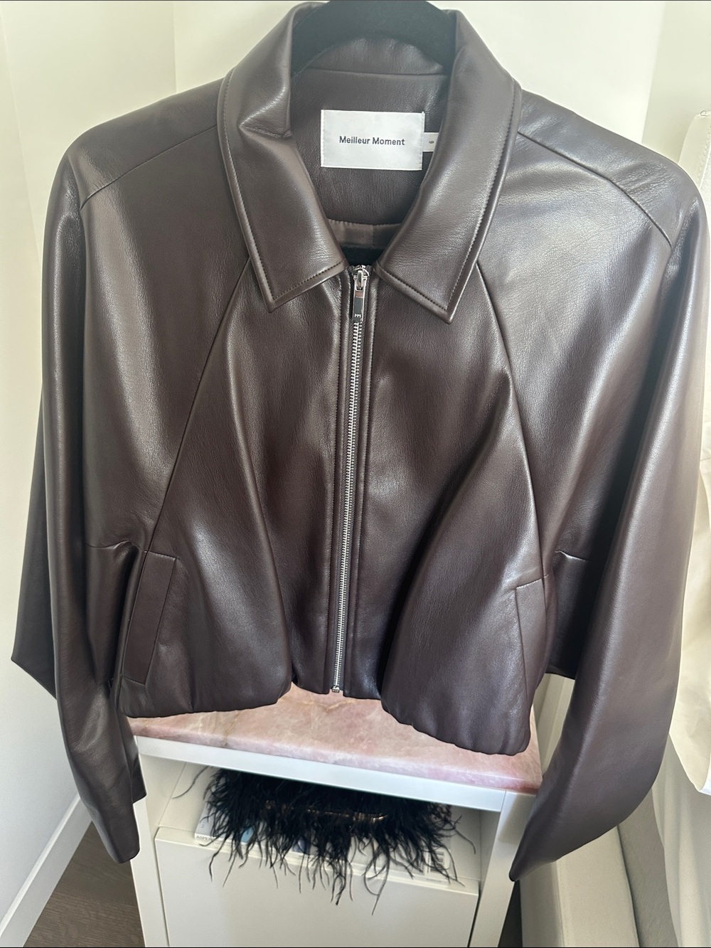 Meilleur Moment Faux Leather Cropped Bomber Jacket, Brown, Size 6
